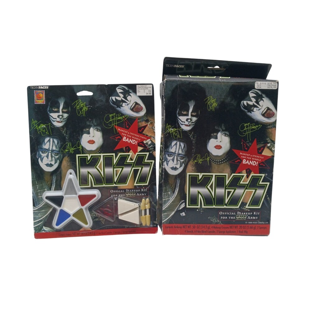 RARE! 2x KISS ARMY 1998/99 Official Makeup Kits Box Stencils Wig Blood Capsules